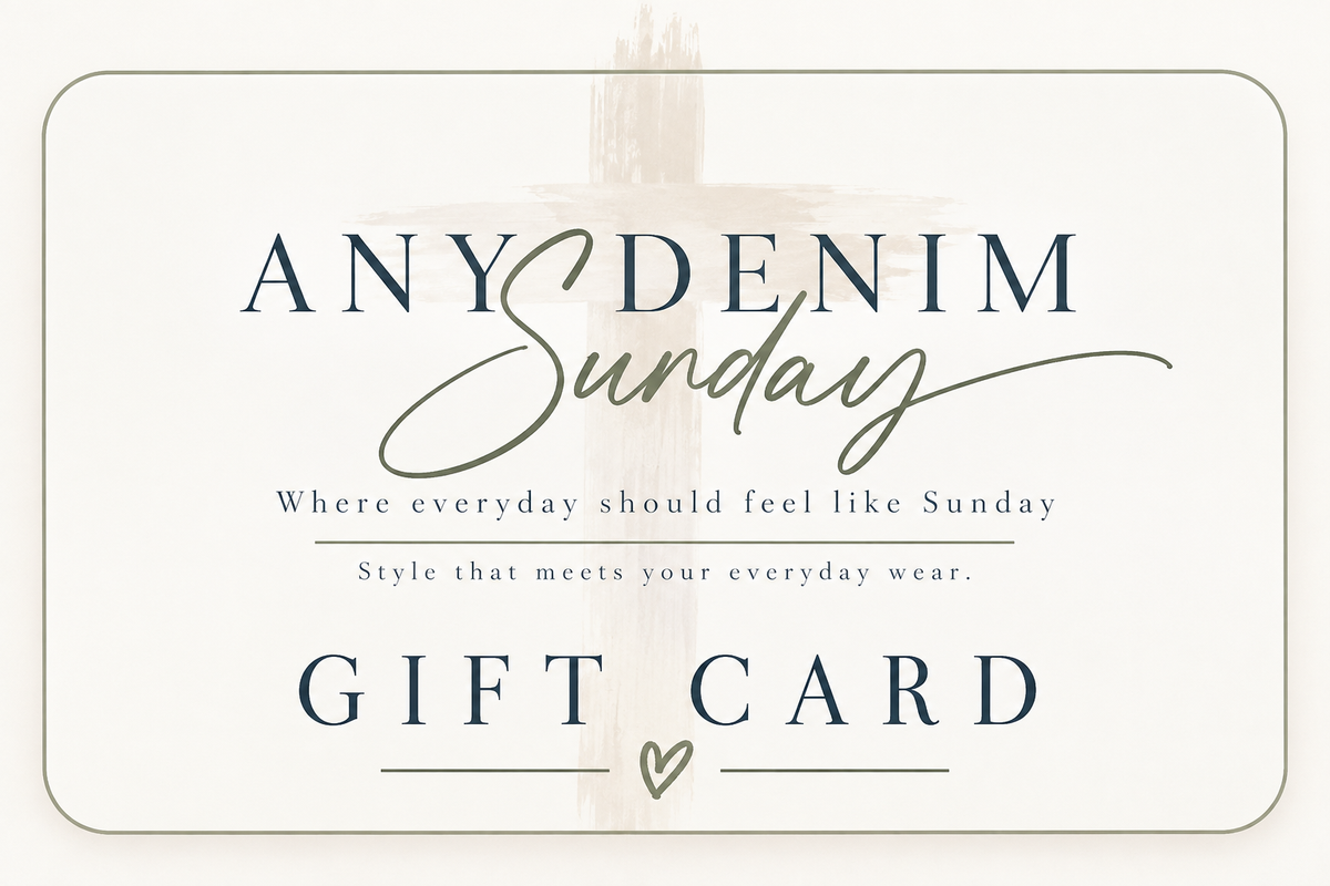 Any Denim Sunday Gift Card on a soft beige background