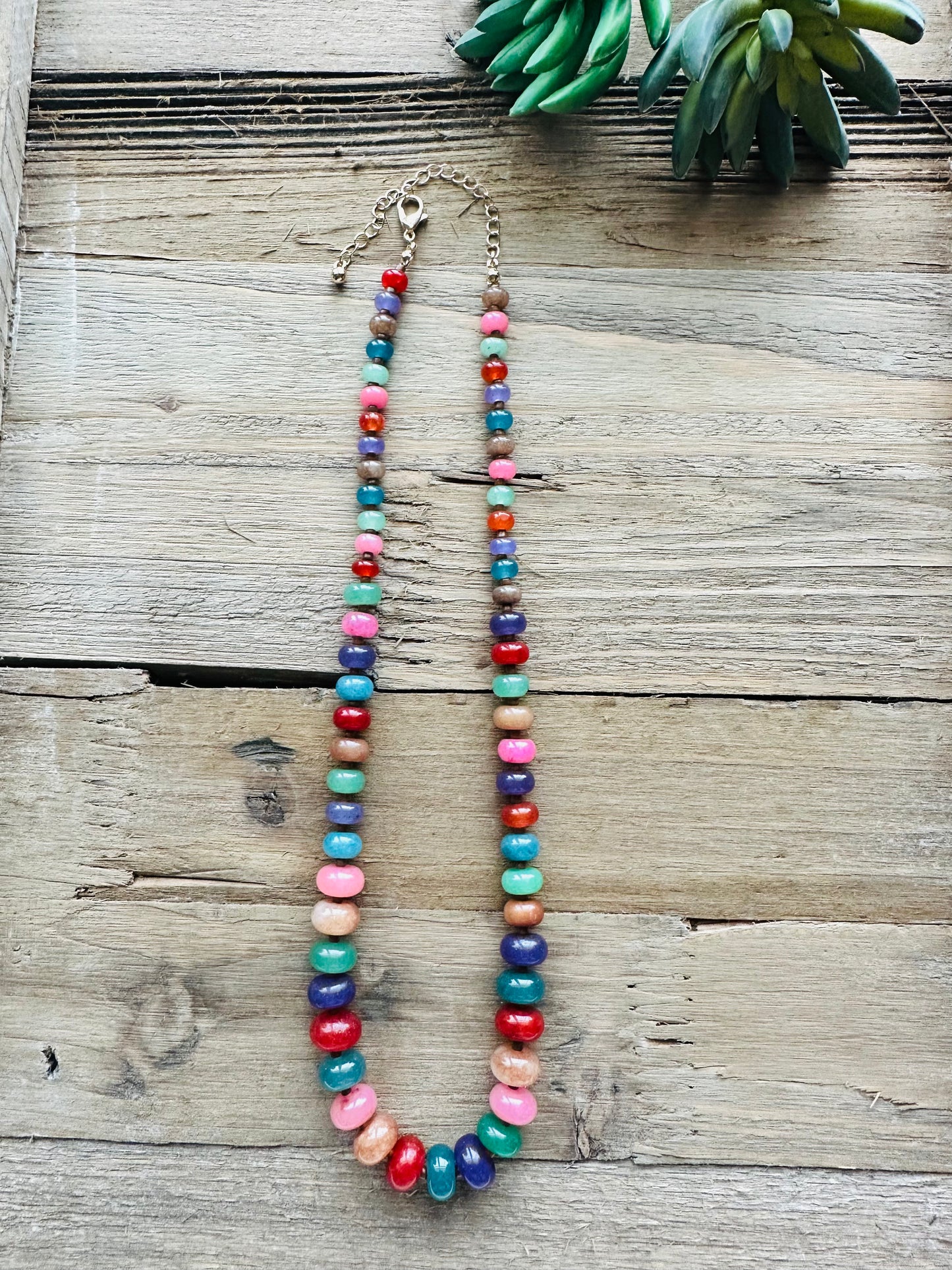 A colorful beaded necklace with alternating round beads in red, pink, teal, blue, green, and brown, displayed on a rustic wooden surface next to a green succulent.
