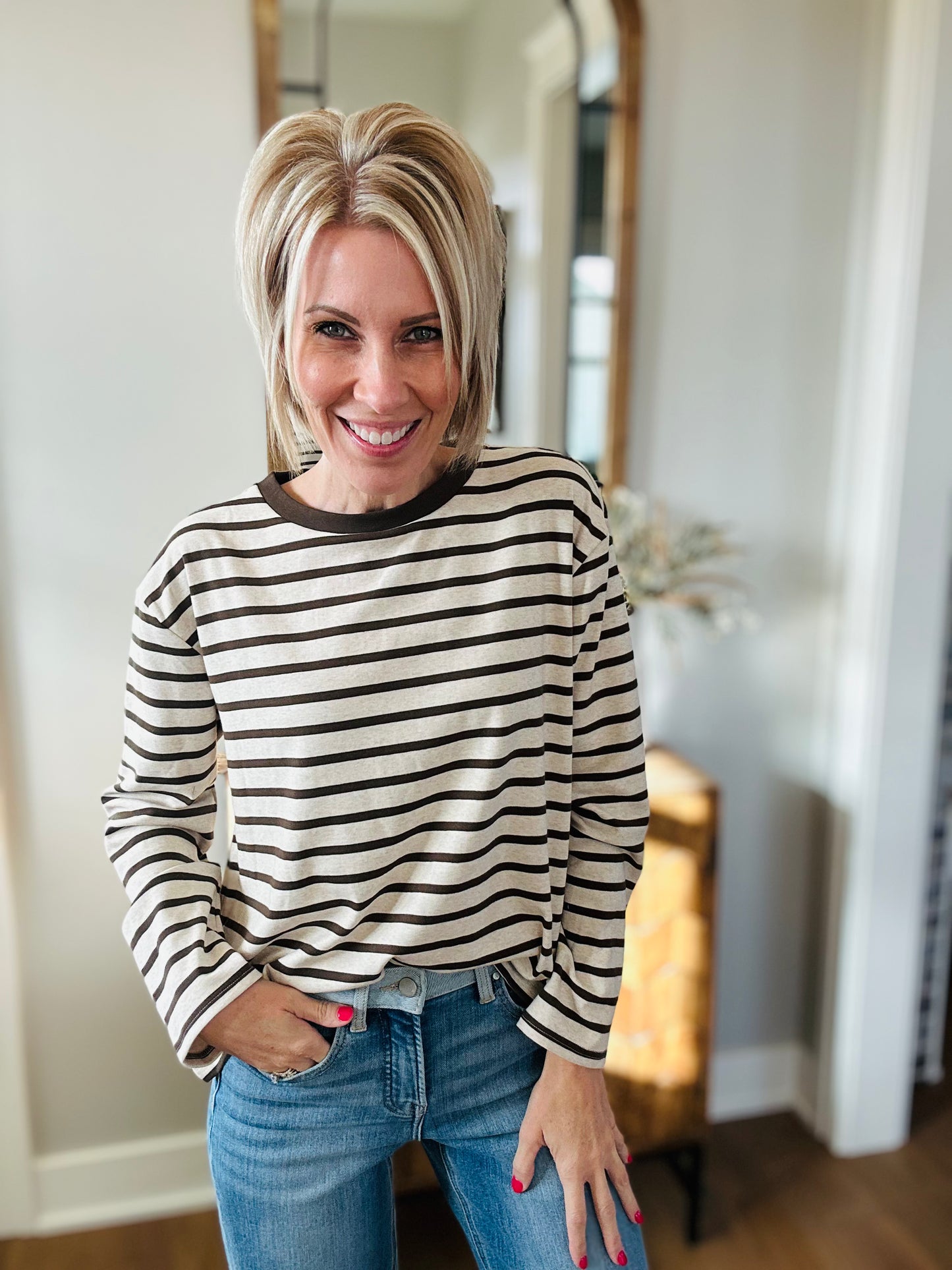 Mocha + Oatmeal Stripe Long Sleeve Top