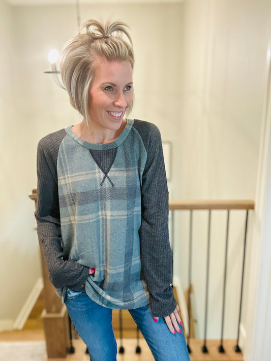 Olive Plaid Contrast Sleeve Top