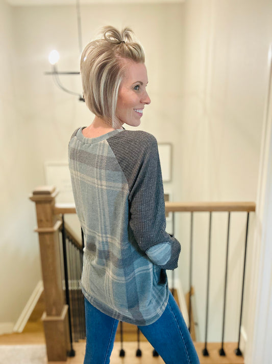 Olive Plaid Contrast Sleeve Top