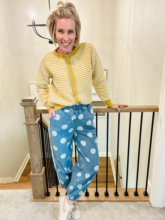 Playful Polka Dot Track Jogger Denim Pant