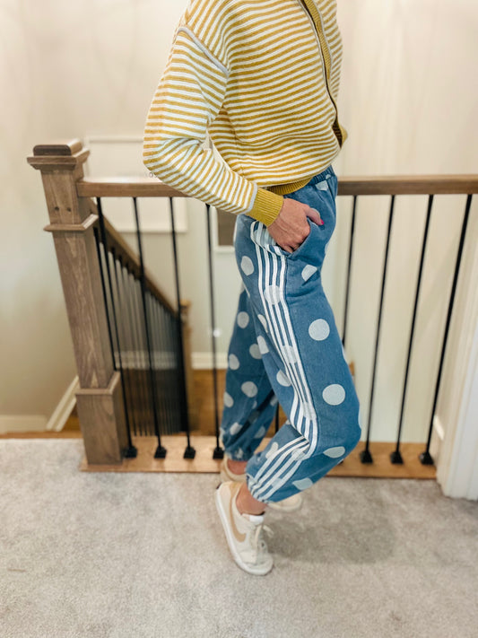 Playful Polka Dot Track Jogger Denim Pant