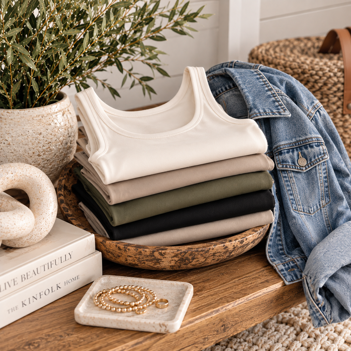 Layering tanks paired with a denim jacket and accessories in a boutique setting.