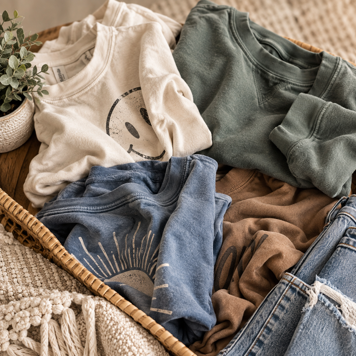 Boutique graphic tees + sweatshirts folded on a tray with denim.