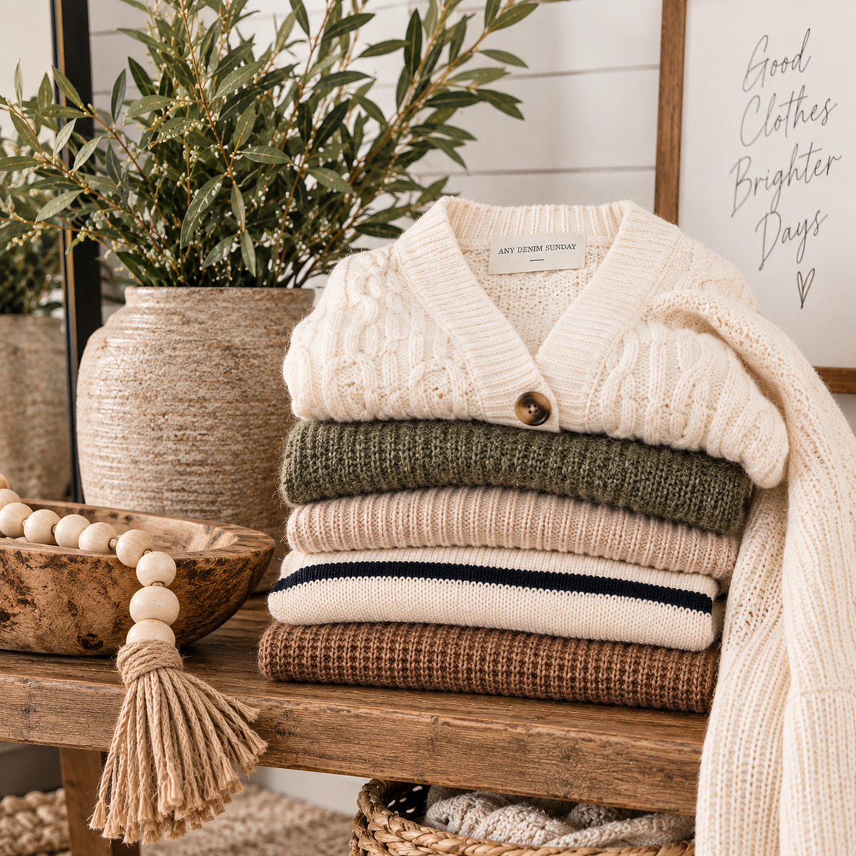 Women's sweaters and cardigans folded in a neutral boutique setting.