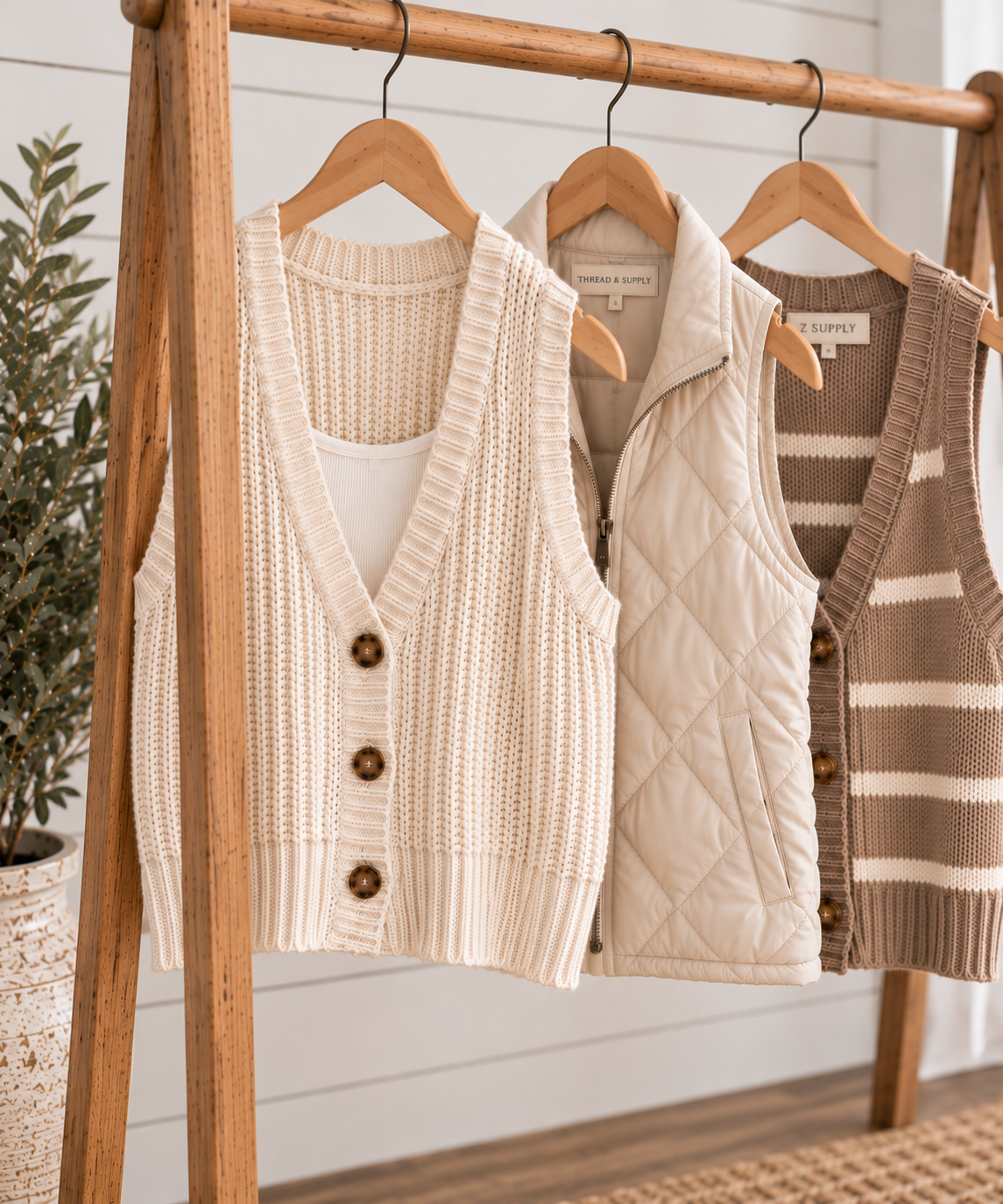 Women's textured vests hung on a boutique clothing rack.