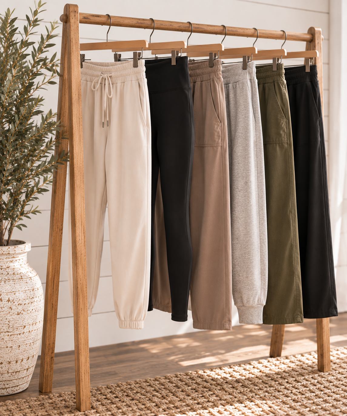 Women's joggers, leggings, and casual pants hung on a boutique clothing rack.