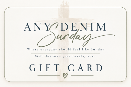 Any Denim Sunday Gift Card on a soft beige background