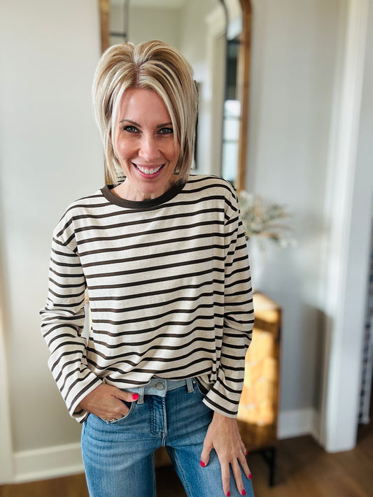 Mocha + Oatmeal Stripe Long Sleeve Top