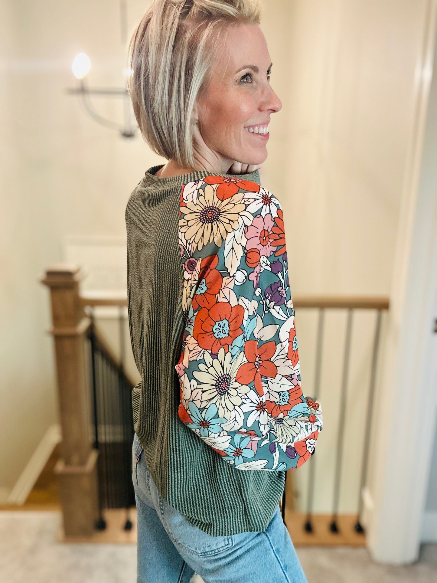 Olive Floral Sleeve Ribbed Top