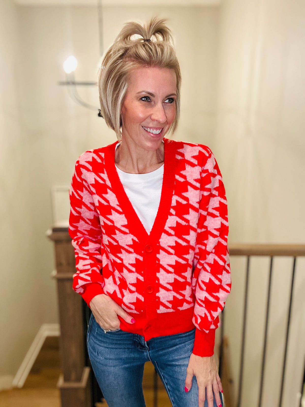 Seeing Red Houndstooth Cardiagn