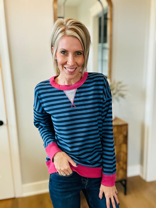 Navy and blue stripe with pink detail top