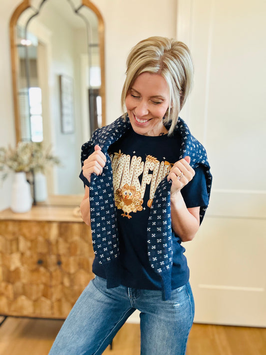 Navy Dot Cardigan Over a Tee