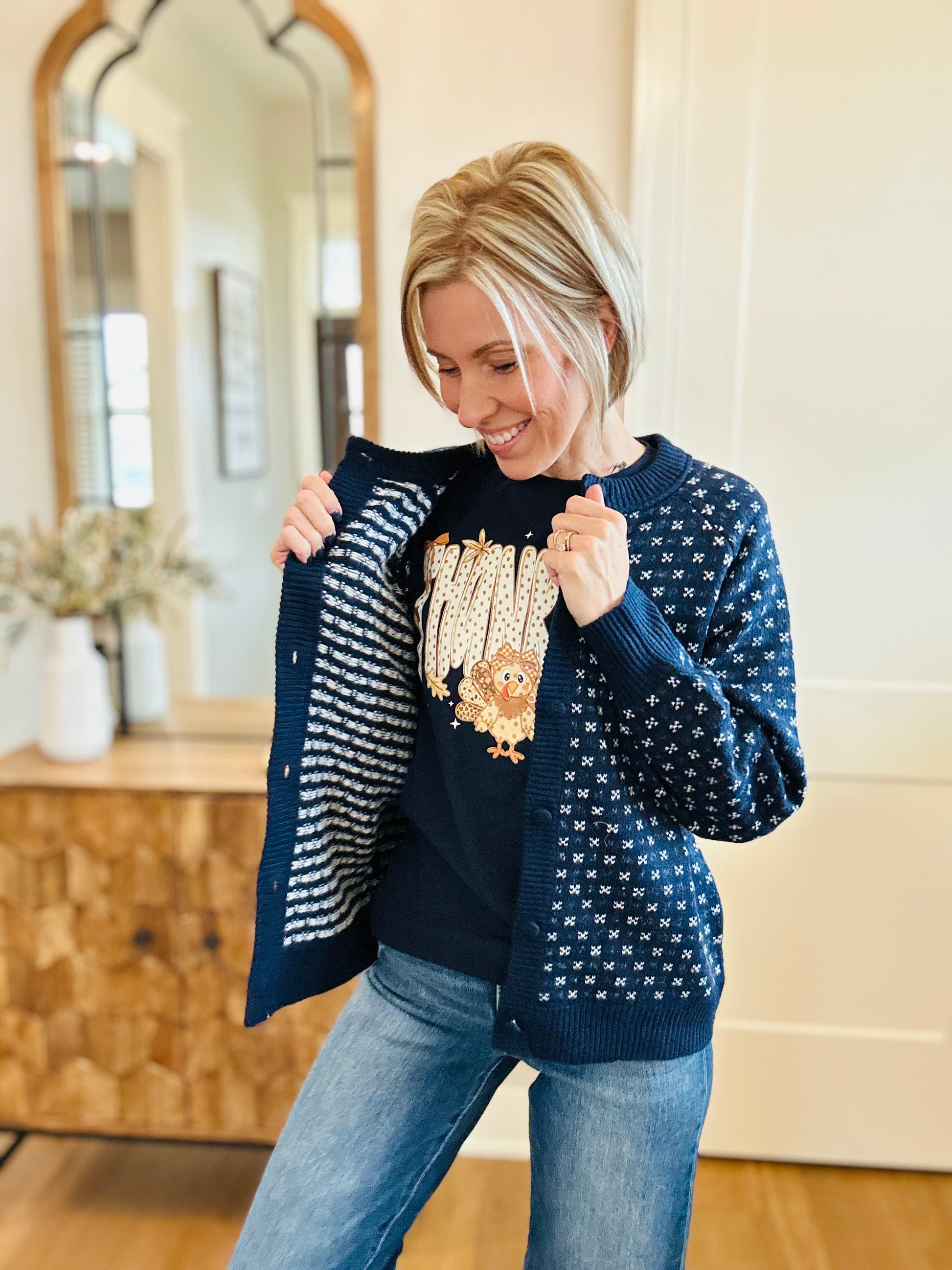 Navy Dot Cardigan Over a Tee