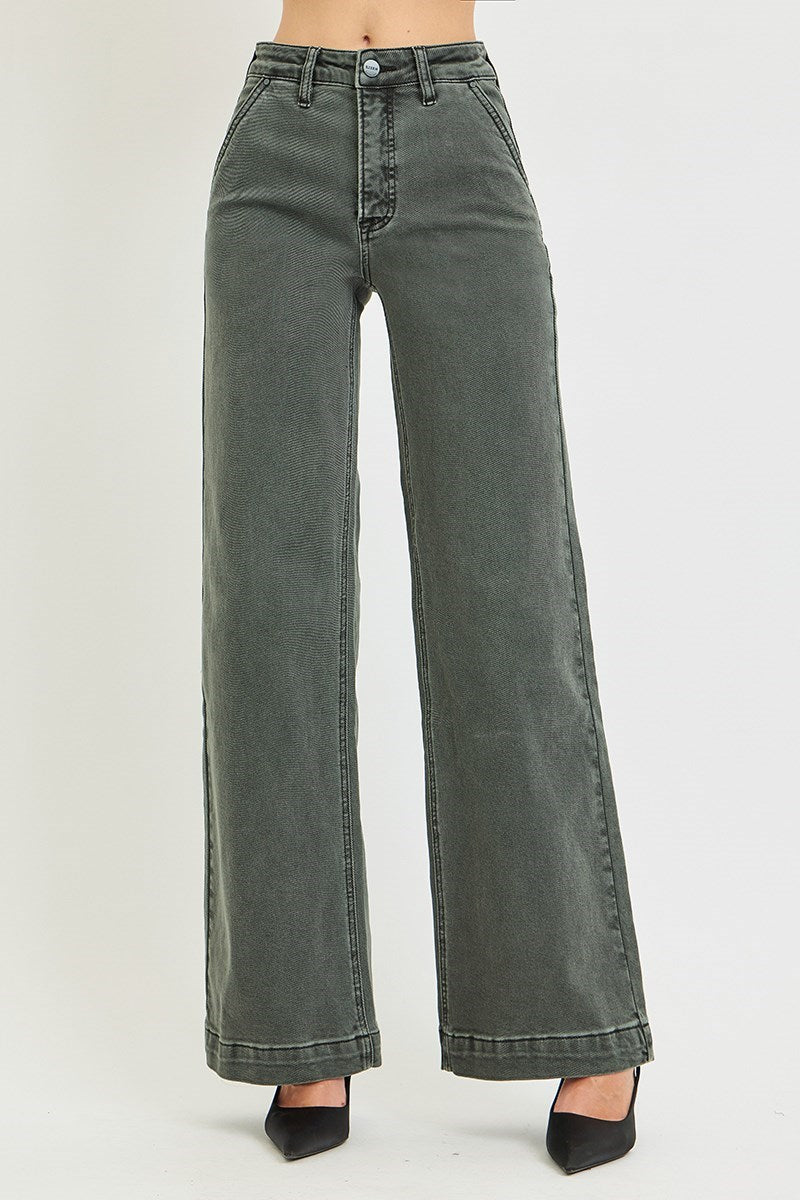 Forest Green Wide Leg Jeans Front View
